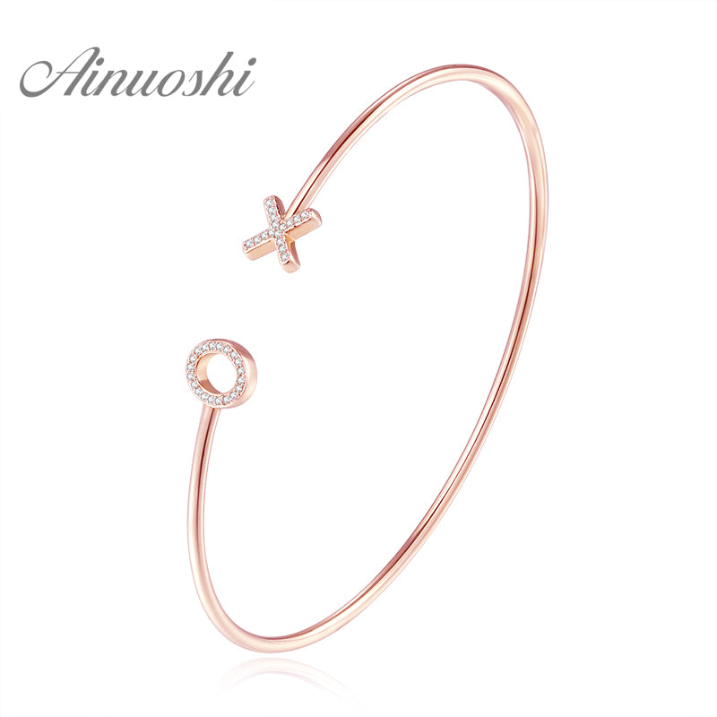 AINUOSHI 18K Gold Natural Diamond Open Bracelet 18K White Gold /Yellow Gold /Rose Gold XO Letters Bangle Elegant Women Jewelry