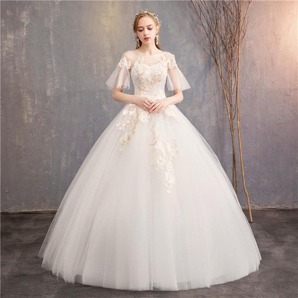 2018 New Flare Sleeve Princess Colorful Wedding Dresses Mrs Win O-neck Classic Champagne Embroidery Vestido De Novias F