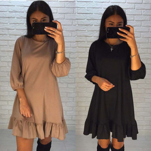 Women Autumn Dress Casual Long Sleeve Evening Party Round Neck Ruffle Short Mini Dresses