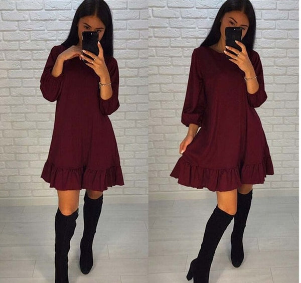 Women Autumn Dress Casual Long Sleeve Evening Party Round Neck Ruffle Short Mini Dresses