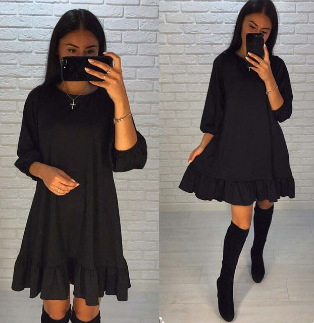 Women Autumn Dress Casual Long Sleeve Evening Party Round Neck Ruffle Short Mini Dresses