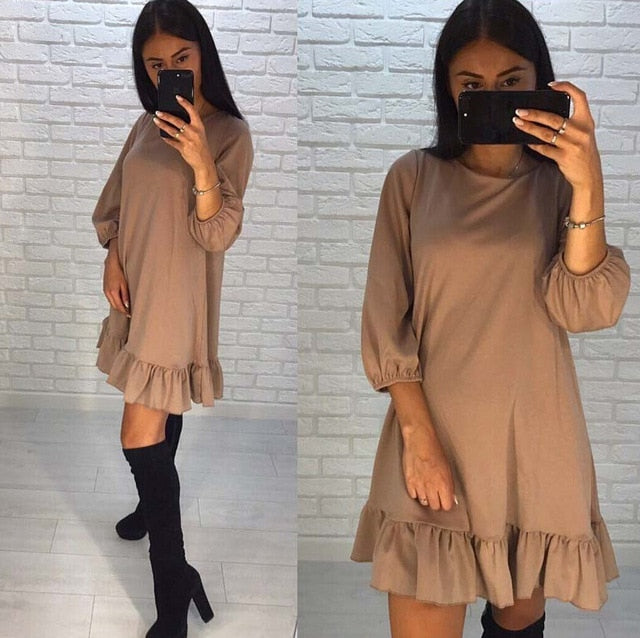 Women Autumn Dress Casual Long Sleeve Evening Party Round Neck Ruffle Short Mini Dresses