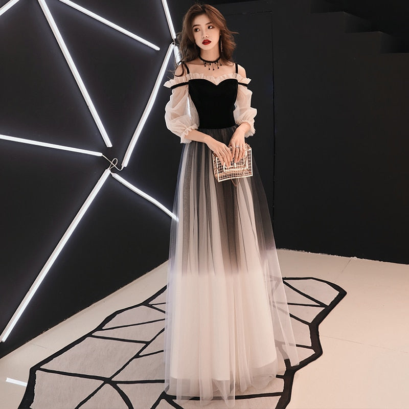 YIDINGZS Spaghetti Strap Gray Evening Dress Velour Tulle Party Elegant Long Dress