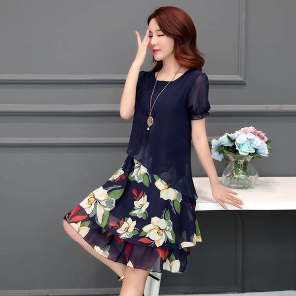 Summer Chiffon Floral Dresses Women 2018 Plus Size Print midi Party Dress For Women Clothing Casual Elegant Dress vestidos #L2