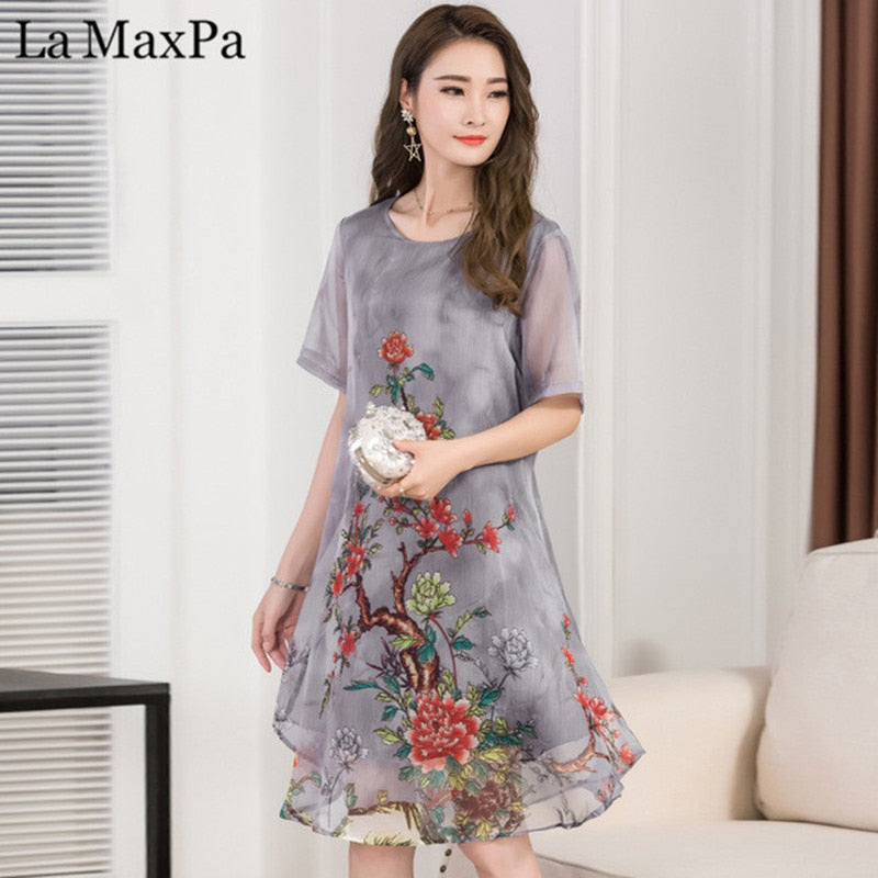 La MaxPa 2019 Women Summer Dress Floral Print Chiffon Dress Casual O-neck Short Sleeve Loose Dresses Long plus size Vestidos