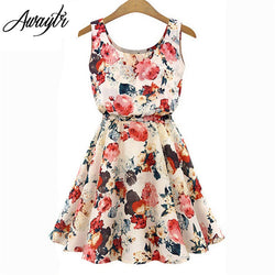 Women Summer Dress 2019 AWAYTR Brand Boho New  Apricot Sleeveless O-Neck Florals Print Pleated Party Clubwear Formal Dress