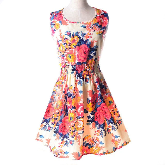 Women Summer Dress 2019 AWAYTR Brand Boho New  Apricot Sleeveless O-Neck Florals Print Pleated Party Clubwear Formal Dress