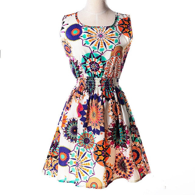 Women Summer Dress 2019 AWAYTR Brand Boho New  Apricot Sleeveless O-Neck Florals Print Pleated Party Clubwear Formal Dress