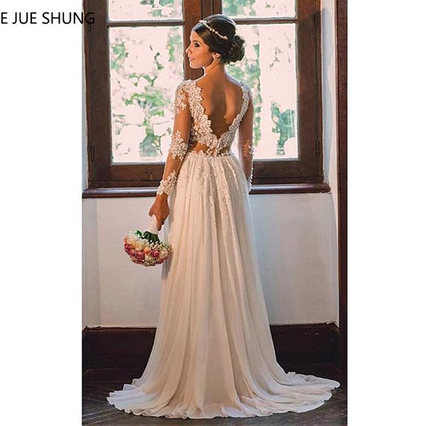 E JUE SHUNG Ivory Lace Appliques Pearls Beach Wedding Dresses Long Sleeves Backless Boho Bridal Dresses robe de mariage