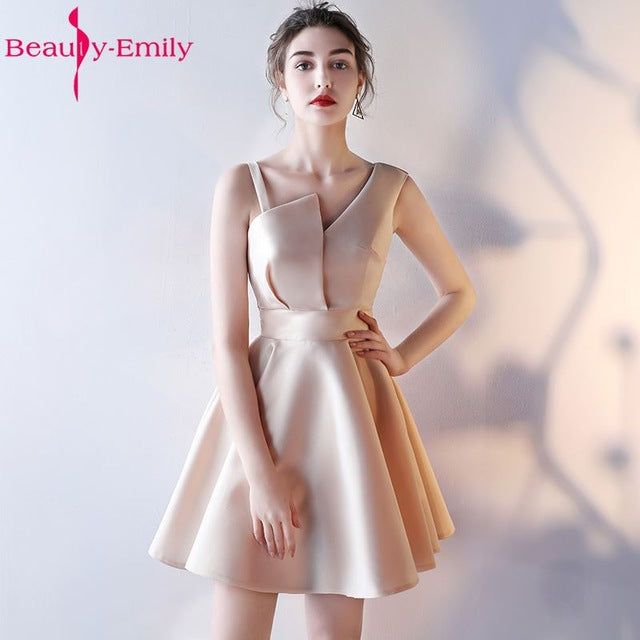 Beauty Emily Champagne A-Line Sexy Short Evening Party Prom Dresses 2019 Girl Dresses Sleeveless Formal Occasion Evening Gowns