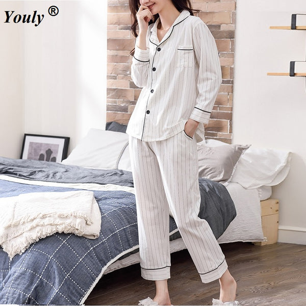 White Striped Pajamas Sets Women 2019 Casual Cotton Long Sleeve Sleepwear Suit 2 piece Sexy Spring Homewear Lounge pants suits