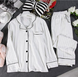 White Striped Pajamas Sets Women 2019 Casual Cotton Long Sleeve Sleepwear Suit 2 piece Sexy Spring Homewear Lounge pants suits