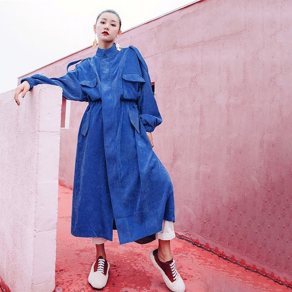 [EWQ] New Autumn 2018 Fashion Long Batwing Sleeve Round Collar Solid Patchwork Pockets Vintage Bat Sleeved Windbreaker AC178