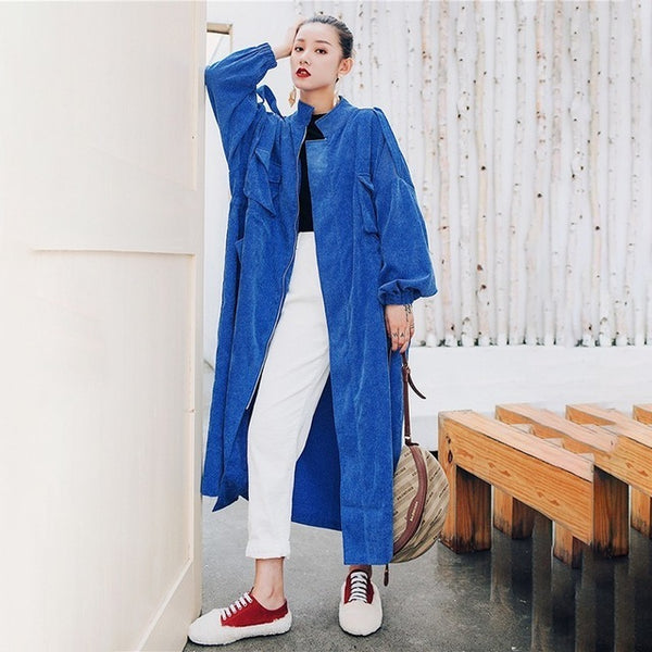 [EWQ] New Autumn 2018 Fashion Long Batwing Sleeve Round Collar Solid Patchwork Pockets Vintage Bat Sleeved Windbreaker AC178