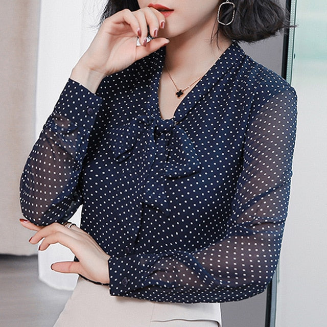 Fashion women blouse Bow collar offoce blouse women tops dot print chiffon blouse shirt long sleeve women shirt blusas 1864 50