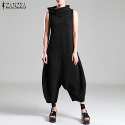 Plus Size Linen Overalls Women's Jumpsuits ZANZEA 2019 Summer Pantalon Female Drop Crotch Turtleneck Rompers Combinaison Femme