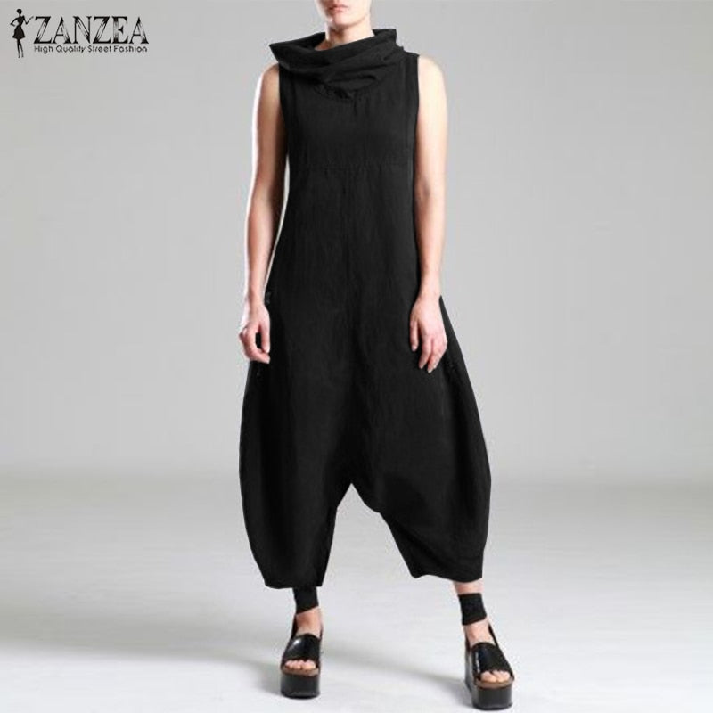 Plus Size Linen Overalls Women's Jumpsuits ZANZEA 2019 Summer Pantalon Female Drop Crotch Turtleneck Rompers Combinaison Femme