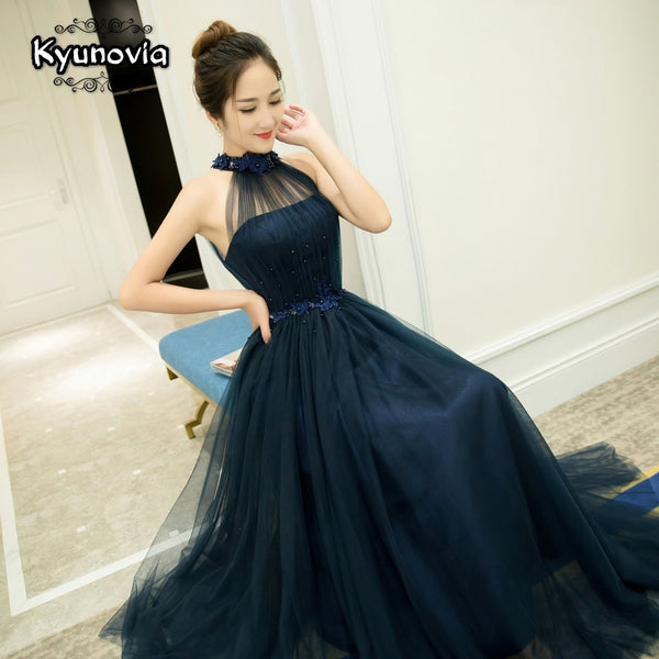 Floor Length Halter Dress Beaded Long Prom Dress Blue Champagne Sleeveless Evening Dress Appliques Lace Up Prom Dresses FD28