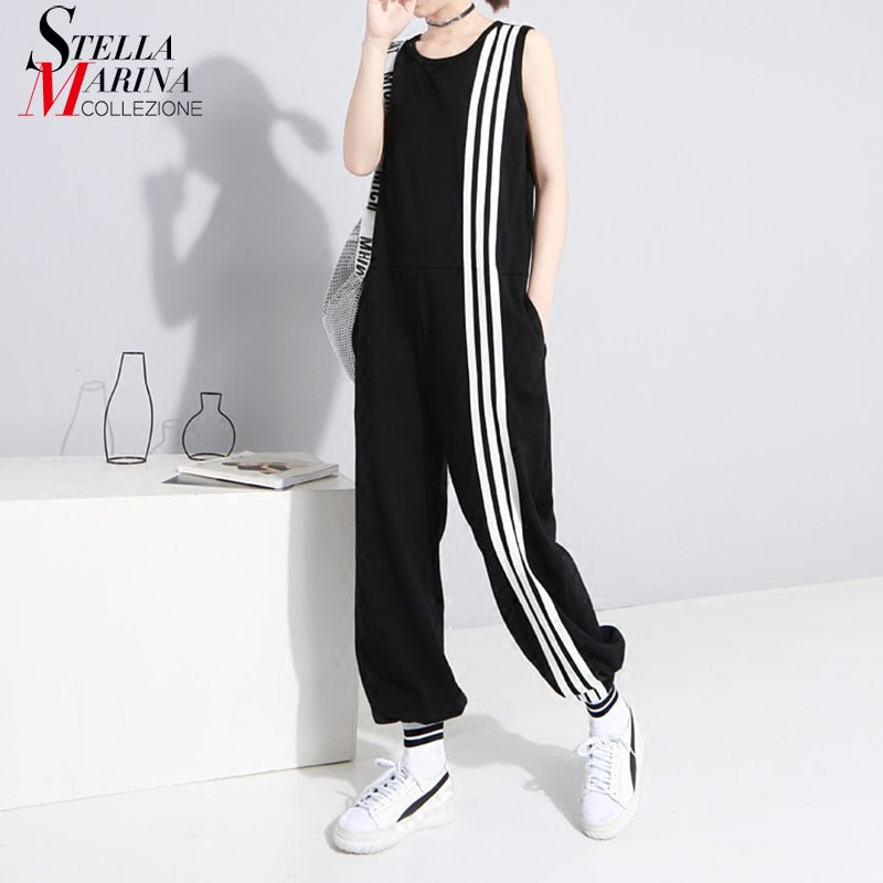 2019 Korean Style Women Sleeveless Romper Jumpsuit Full Length Striped Stretch Cuff Female Casual Loose Long Overalls Pants 3644