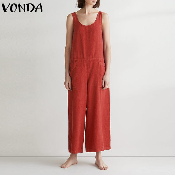 VONDA Women Wide Leg Pants 2018 Summer Bottoms Casual Loose Sexy Sleeveless Cotton Jumpsuit  Overalls Trousers Bodysuit 5XL