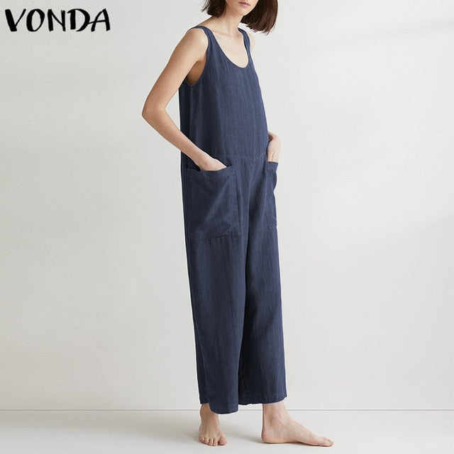 VONDA Women Wide Leg Pants 2018 Summer Bottoms Casual Loose Sexy Sleeveless Cotton Jumpsuit  Overalls Trousers Bodysuit 5XL