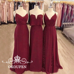Wholesale Dark Red Chiffon Long Bridesmaid Dresses For Women 2019 Spaghetti Trap 3 Styles A Line Maid Of Honor Dress Party Gowns