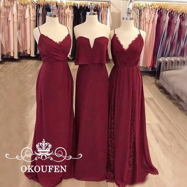 Wholesale Dark Red Chiffon Long Bridesmaid Dresses For Women 2019 Spaghetti Trap 3 Styles A Line Maid Of Honor Dress Party Gowns