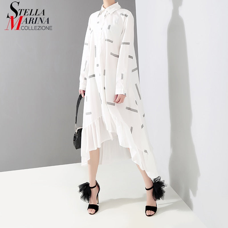 New 2019 Korean Style Women Black White Shirt Dress Long Sleeve Ruffles Hem Lines Printed Female Stylish Midi Runway Dress 4776