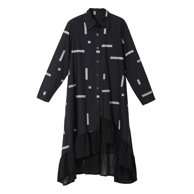 New 2019 Korean Style Women Black White Shirt Dress Long Sleeve Ruffles Hem Lines Printed Female Stylish Midi Runway Dress 4776