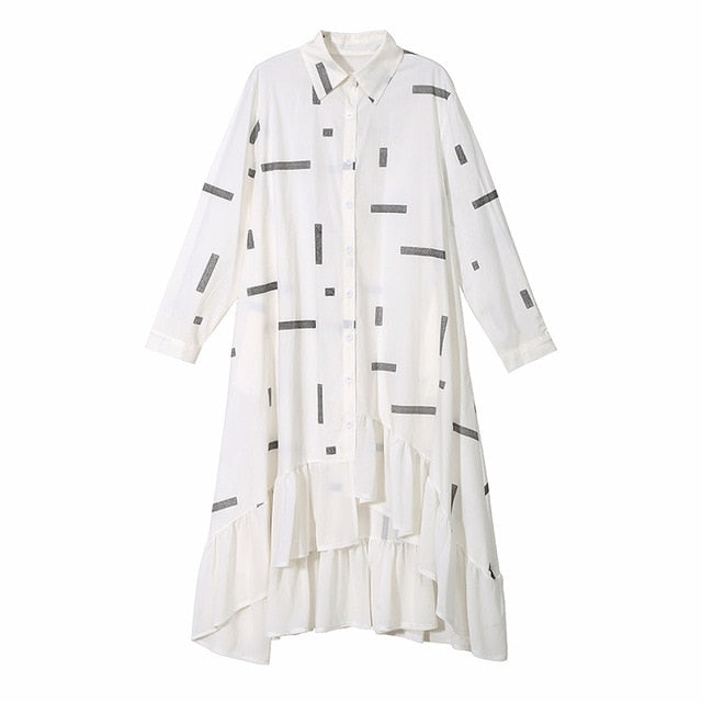 New 2019 Korean Style Women Black White Shirt Dress Long Sleeve Ruffles Hem Lines Printed Female Stylish Midi Runway Dress 4776