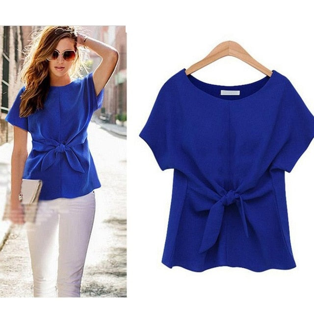 Spring Summer Women Batwings Bowknot Blouses O-Neck Short Sleeve Shirts Casual Chiffon Slim Tops Plus Size Oversize XXXXL 6Q0054