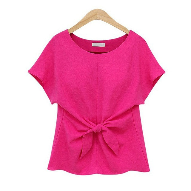 Spring Summer Women Batwings Bowknot Blouses O-Neck Short Sleeve Shirts Casual Chiffon Slim Tops Plus Size Oversize XXXXL 6Q0054