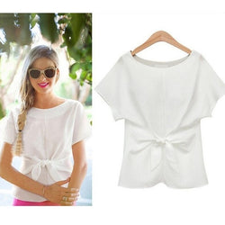 Spring Summer Women Batwings Bowknot Blouses O-Neck Short Sleeve Shirts Casual Chiffon Slim Tops Plus Size Oversize XXXXL 6Q0054