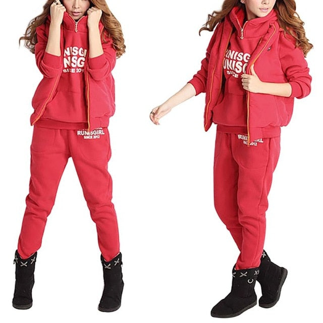 3PCS Running Sets Womens Hoodies Warm Women letter Tracksuit Set Thicken Sweat Tops Pants Suit Plus Velvet Thick Female