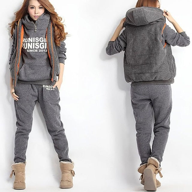 3PCS Running Sets Womens Hoodies Warm Women letter Tracksuit Set Thicken Sweat Tops Pants Suit Plus Velvet Thick Female