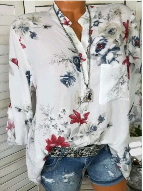 Women Summer Blouse Shirts 2019 New Long Sleeve Floral Printing V Neck Loose Tops Shirts Casual Blusas Plus Size 5XL