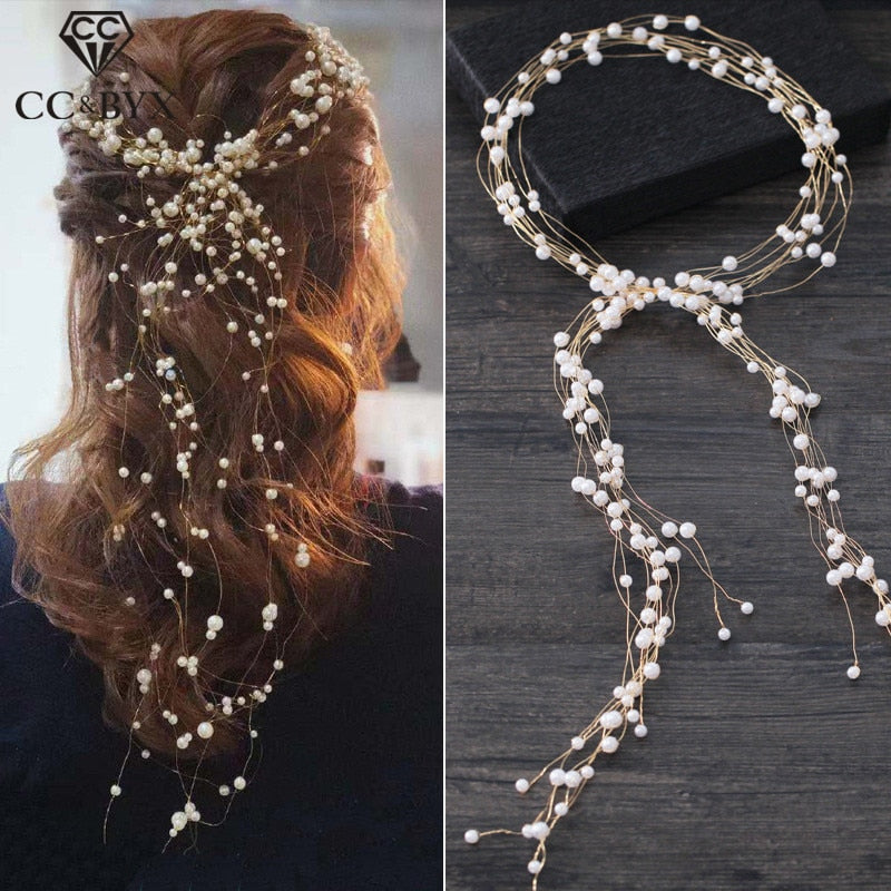 CC Wedding Jewelry Headbands Hairbands Long Headdress Pearl Engagement Hair Accessories For Bride Romantic Handmade Beads XY358