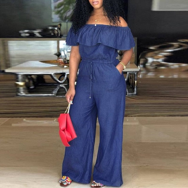 VONDA Denim Rompers Womens Jumpsuit 2018 Summer Sexy Slash Neck Off Shoulder Ruffles Playsuits Plus Size Wide Leg Pants Overalls