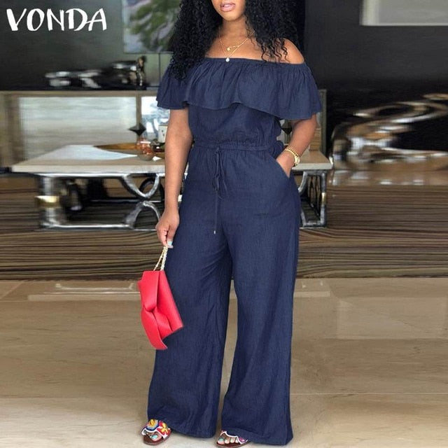 VONDA Denim Rompers Womens Jumpsuit 2018 Summer Sexy Slash Neck Off Shoulder Ruffles Playsuits Plus Size Wide Leg Pants Overalls