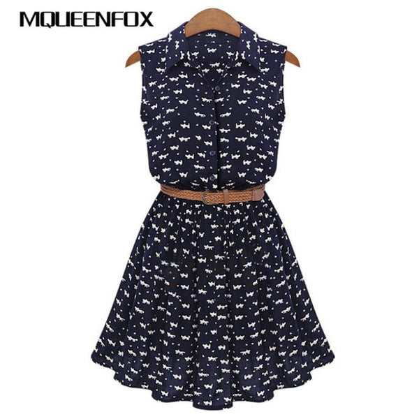 MQUEENFOX Women Cat Footprints Pattern Show Thin Shirt Dress 2019 New Design Summer Dresses - Women Shirts Dress