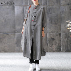 2018 Women Maxi Long Dress ZANZEA Mandarin Collar Long Sleeve Vestido Casual Buttons Kaftan Robe Femme Plus Size Ladies Dresses