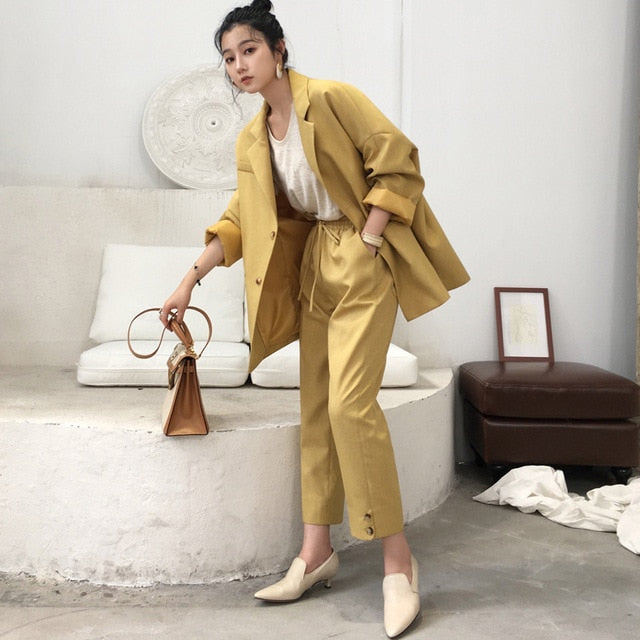 Suit female 2019 autumn new temperament casual loose long suit jacket trousers solid color elegant fashion two-piece set