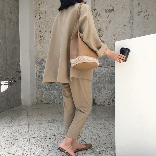 Suit female 2019 autumn new temperament casual loose long suit jacket trousers solid color elegant fashion two-piece set