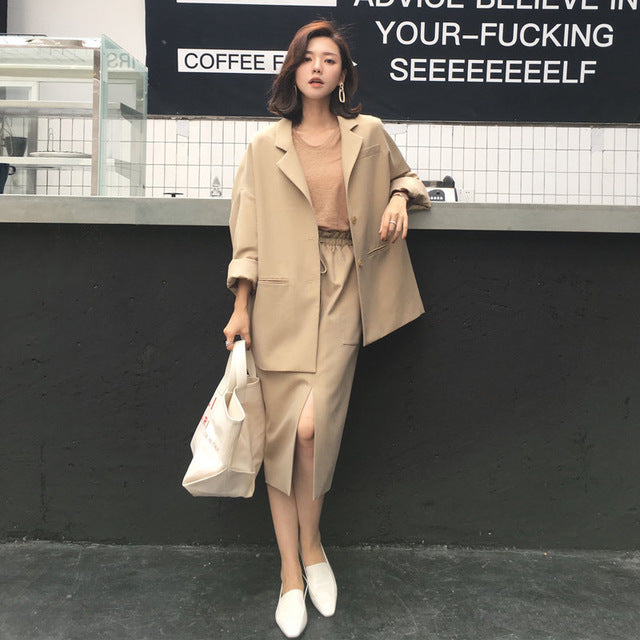 Suit female 2019 autumn new temperament casual loose long suit jacket trousers solid color elegant fashion two-piece set