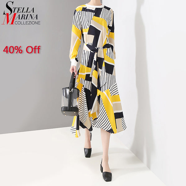 2019 Korean Style Women Summer Dress A-Line Sashes Long Sleeve Striped Printed Female Casual Party Club Dresses Robe Femme 4841