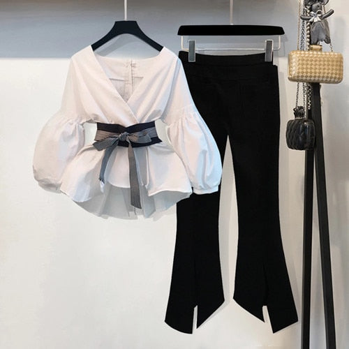 HAMALIEL S-4XL New 2019 Spring Summer Striped Bow Lantern Sleeve Blouse Women's Pants Set + Black Split Flare Sleeve 2 PCS Suits