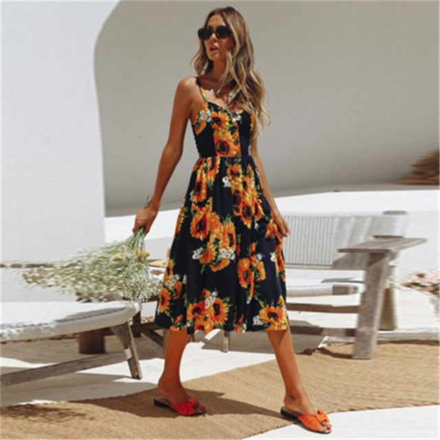 Slip Summer Dress Women 2019 Strap Floral Print Dot Long Beach Vestidos Female Sundress Sexy Casual Loose Elegant Ladies Dresses