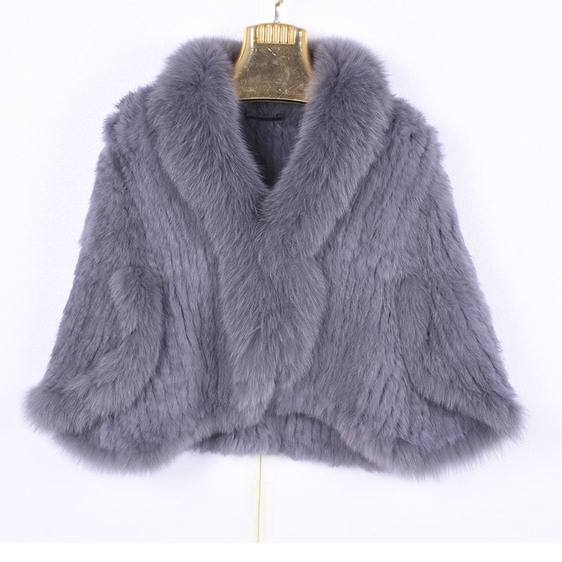 Winter Women's Real Rabbit Fur Knitted Fox Collar Jacket Leisure Time Pure Color Fur Coat Women's Fashionable Fur Knit Bat Shirt