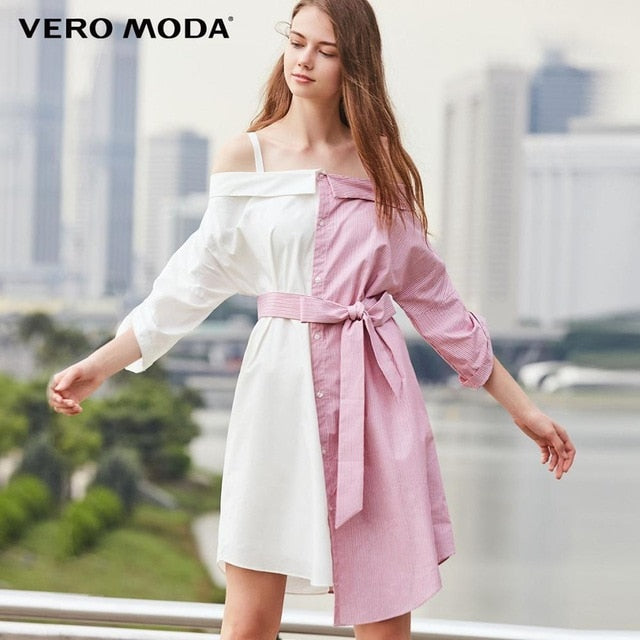 Vero Moda  spring shoulder girdle board neck color matching summer dress |31817B508