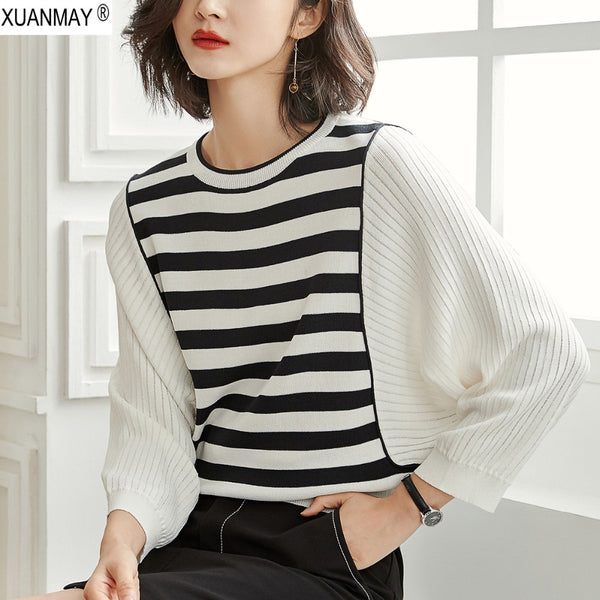 2019 New  Spring Women's Knitted Striped Sweater Elegant Women's White Pullover Sweater Casual Loose Bat Sleeve Striped Sweater